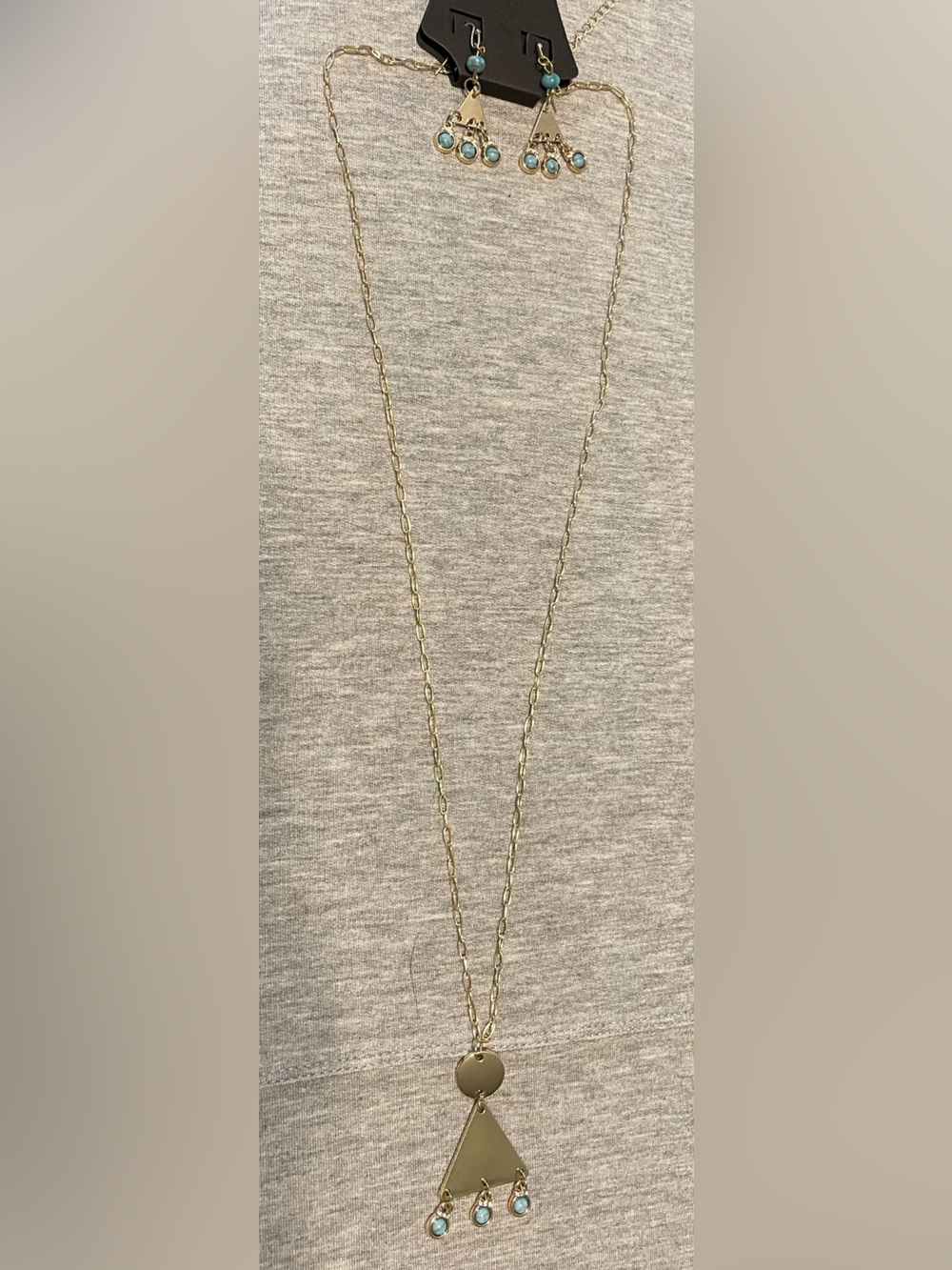 Gold Chain Link Necklace & Earring Set with Geometric Pendant/Turquoise Accents